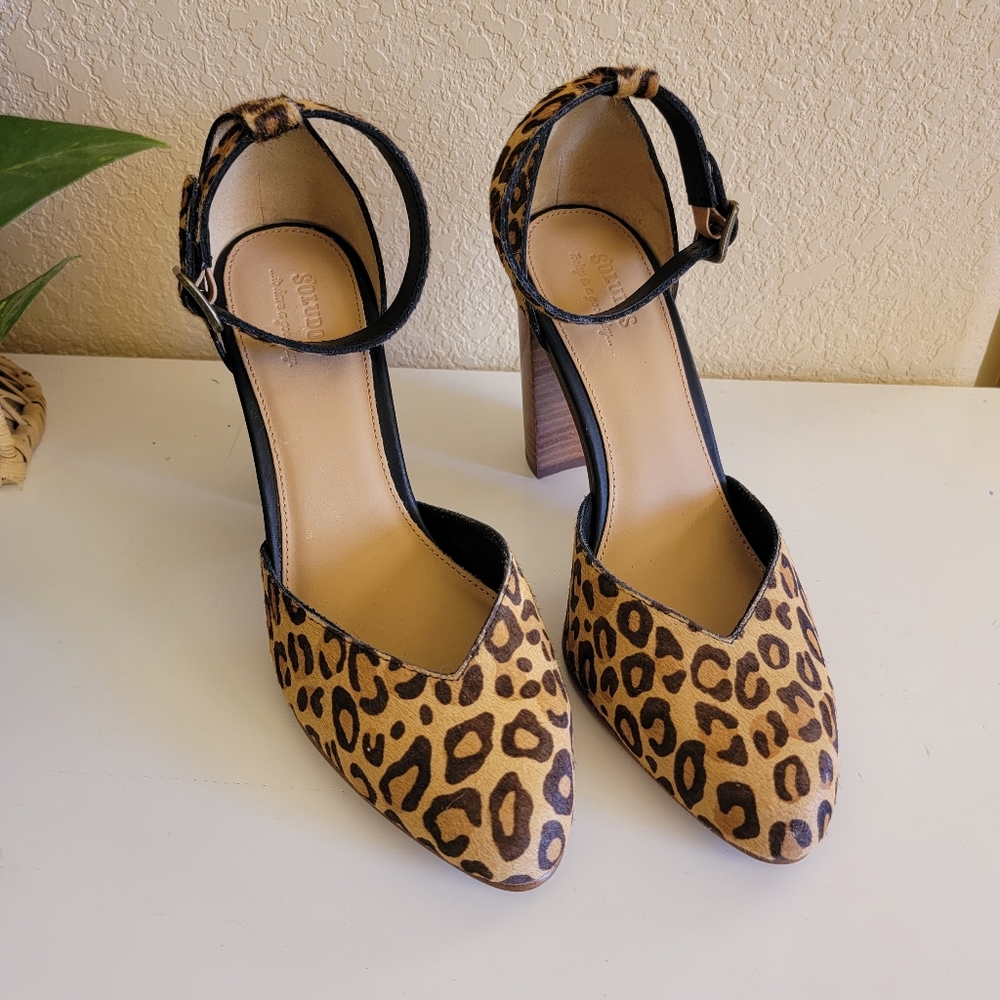 Soludos Leopard Print Ankle Strap Block Heel Pumps - Tan and Black